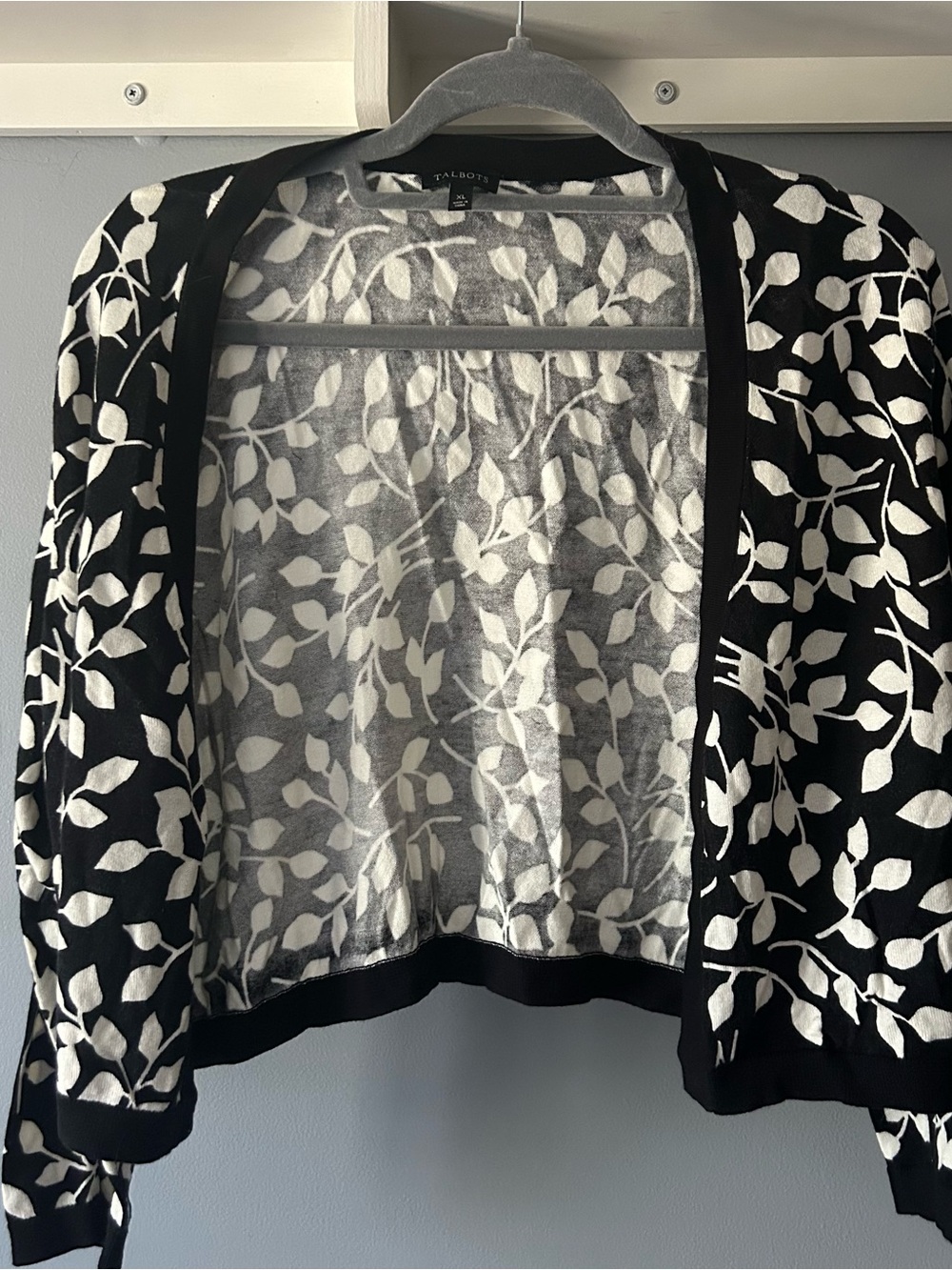 Talbots Black and White Leaf-Print Open Cardigan